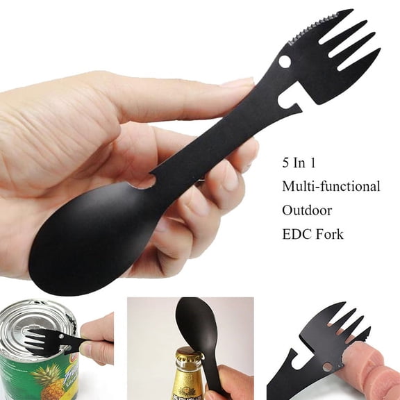 Visland 5 in 1 Outdoor Survival Tools Multifunctional Camping EDC Kit Handy Fork Knife Spoon Bottle/Can Opener