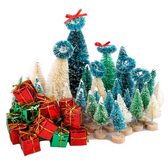 Visland 56PCS Mini Sisal Snow Frost Trees Mini Pine with Wood Base Bottle Brush Trees Plastic Winter Snow Ornaments Tabletop Trees for Christmas Decoration and Display