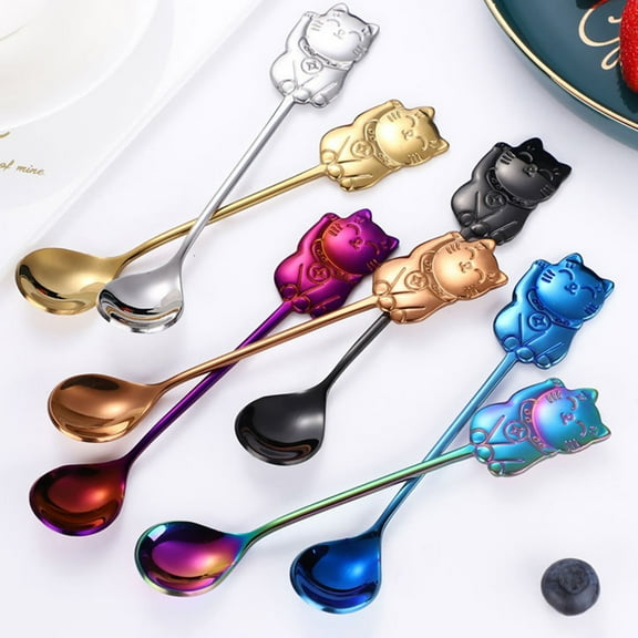 Visland 5PCS Cat Coffee Teaspoons,Mini Cat Kitten Spoons Stainless Steel Small Spoons for Dessert Coffee Tea Drink Mixing Milkshake Spoon Tableware Set Kitchen Supplies