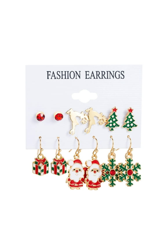 6Pairs/Set Christmas Earrings Festive Enamel Geometric Decoration Jewelry Gifts Xmas Tree Elk Snowman Santa Claus Ear Studs Dangle Earrings