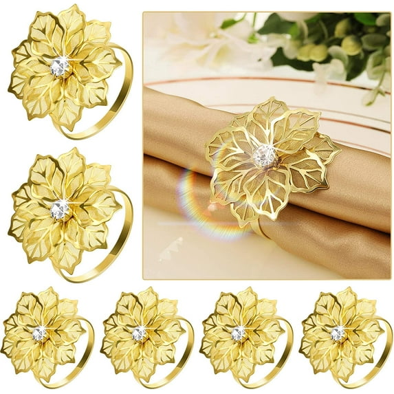 Visland 6Pcs Alloy Napkin Rings with Hollow Flower Napkin Holder Adornment Exquisite Napkins Rings Set Rhinestone Thanksgiving Napkin Rings for Wedding Banquet Christmas Dinner Decor Favor