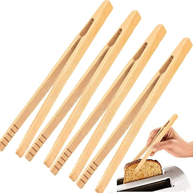 Visland 8 Pack Bamboo Toaster Tongs - 7” Reusable Wood Cooking Tongs -Ideal Kitchen Utensil for Cheese Bacon Muffin Fruits Bread