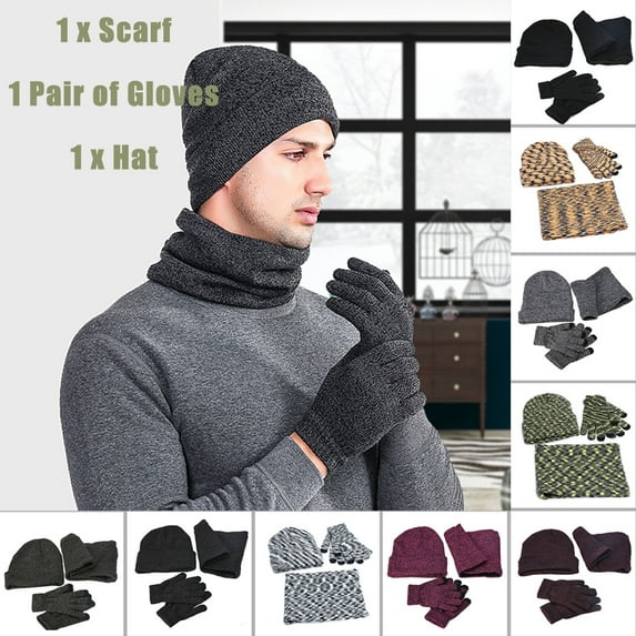 Visland 9 Colors Men Woolen Hat, Thick Windproof Warm Plush Cap Gloves Scarf Set for Autumn Winter