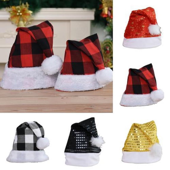 Visland Adults Kids Christmas Cap, Fashion Plaid Sequins Print Cute Plush Ball Design Soft Skin-friendly Cozy Cotton Plush Autumn Winter Head Warm Hat for Xmas New Year Festival Party Decoration 1PC