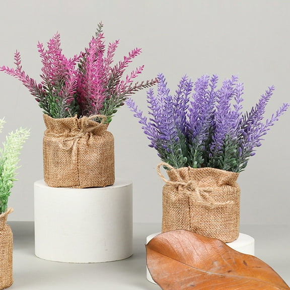 Visland Artificial Flowers Plant - Potted Artificial Flocking Lavender, Fake Lavender Flower in Burlap Pot for Home Decor Party Wedding Office Decoration