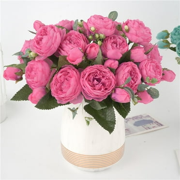 Coolmade Stemmed Floral Faux Peonies, 5 Heads Artificial Silk Flower Bouquet, Champagne ...