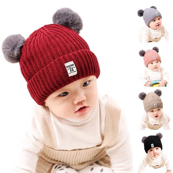 Visland Baby Boys Girls Beanie Hat, Fashion Casual Solid Color Cute Plush Balls Soft Skin-friendly Cozy Knitted Autumn Winter Head Warm Cap for Birthday Party Christmas Daily Wear (6 Months - 3 Years)
