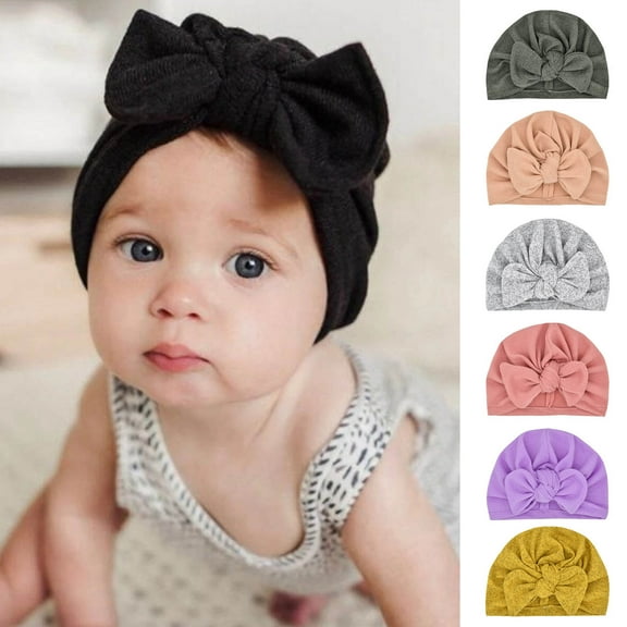 Visland Baby Turban Hat, Fashion Casual Solid Color Bow Decor Elastic Soft Cozy Knitted Autumn Winter Head Warm Windproof Beabie Cap for Daily Wear (0-3 Years)