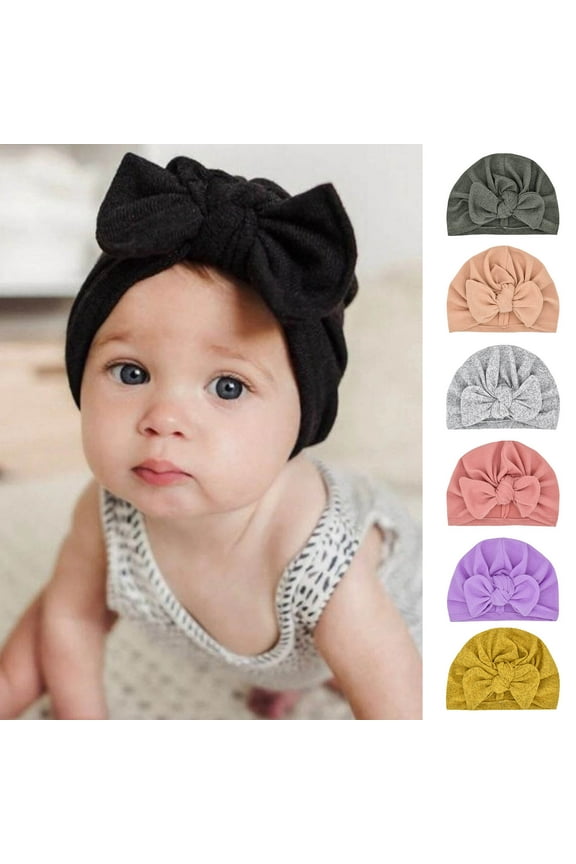 Baby Turban Hat, Fashion Casual Solid Color Bow Decor Elastic Soft Cozy Knitted Autumn Winter Head Warm Windproof Beabie Cap for Daily Wear (0-3 Years)