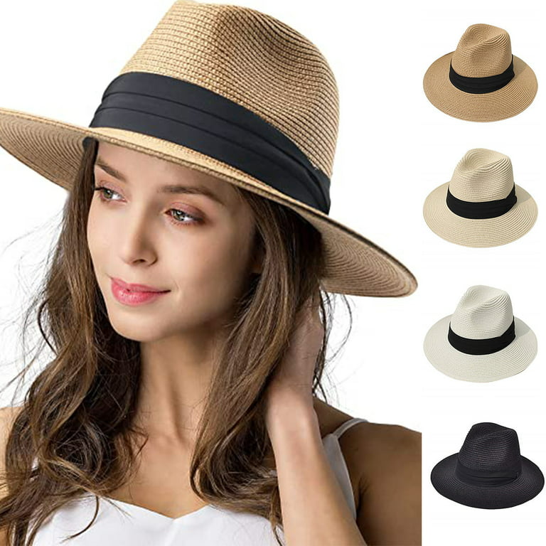 Visland Beach Hat, Women's Sun Hat, Sun Protection Wide Brim Straw Hat for Men Fedora Panama Hat Straw, Size: One size, Black