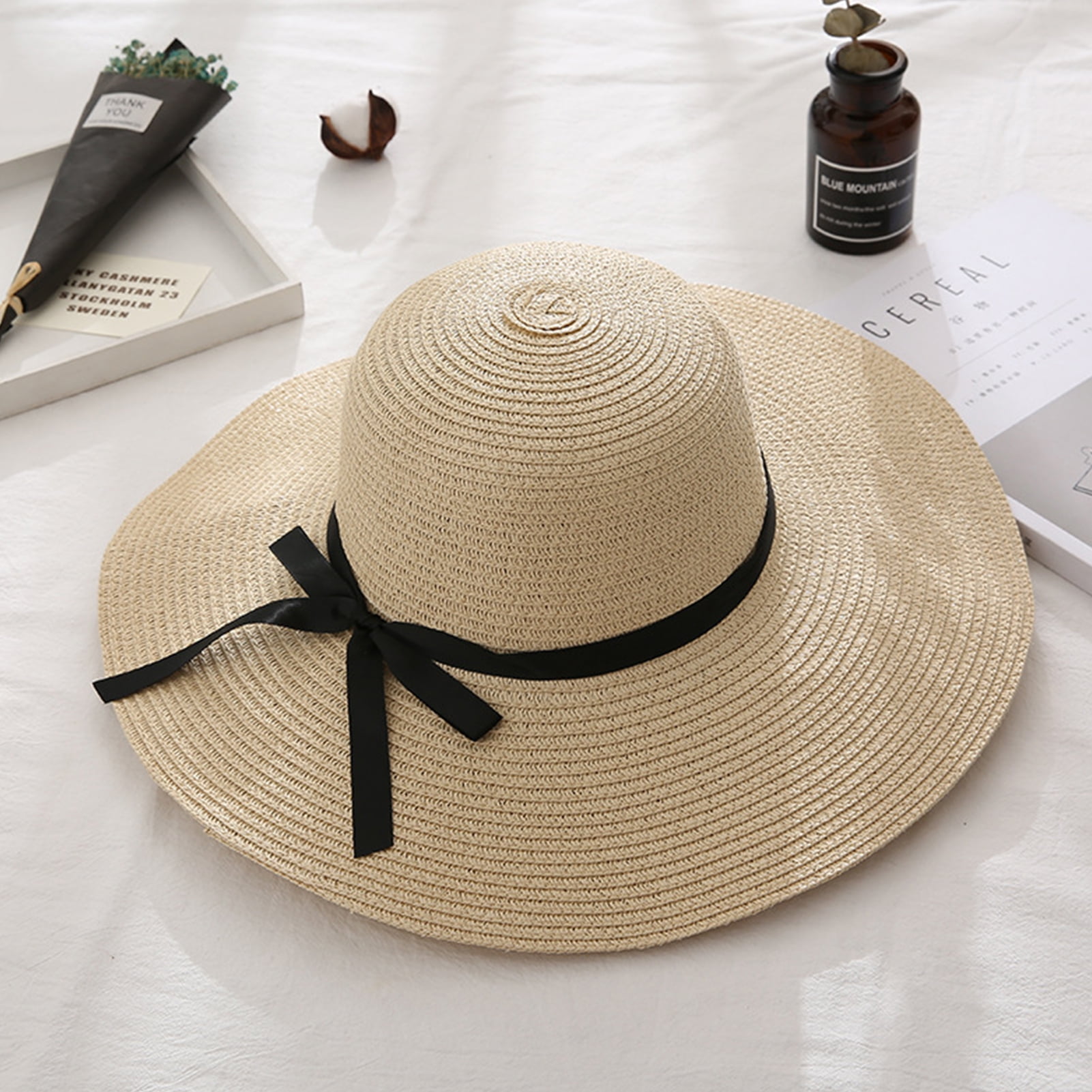Visland Beach Sun Hat for Women Bow-Knot UV UPF 50+Travel Foldable Wide  Brim Straw Hat