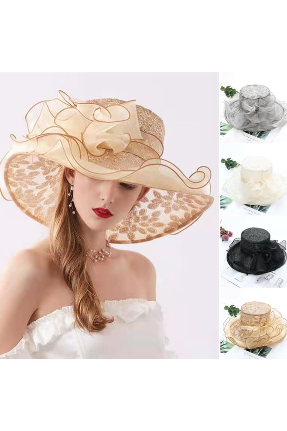 Big Brim Hat Organza Hats Summer Beach Cap Tea Party Wedding Fascinator Church Hats,Hot Stamping Sequins Sun Hat