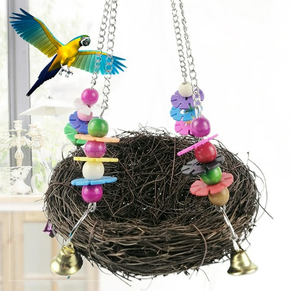 Visland Bird Nest, Natural Rattan Colorful Beads Bell Hanging Nest Roosting Bird House Cages Garden Window Outdoor Decoration for Parakeets Conures Macaws Parrots Love Birds Finches