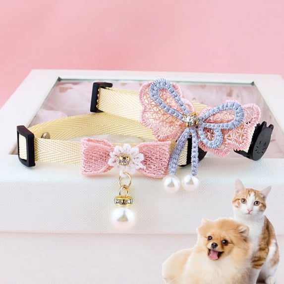 Visland Cat Collar with Bow Tie and faux pearls ,Princess Style, Kitty Adjustable Collars for Cats or Small Dogs