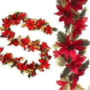 Visland Christmas Poinsettia Garland Artificial Christmas Flowers Decorations with Holly Leaves Chain and Red Berries for Christmas Party Holiday Indoor and Outdoor Wreath Decor