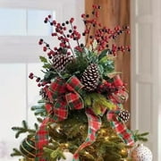 Visland Christmas Tree Topper Hat, Hat with Buffalo Plaid Bow Red Berry Pine Cones, Christmas Tree Decorations Top Hat, Desktop Ornaments for Home Holiday Winter Decor