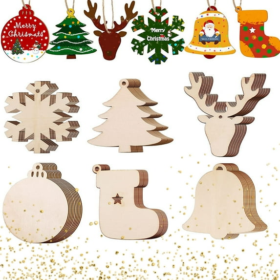 Visland Christmas Wooden Ornament, 3.2" Unfinished Wood Hanging Ornament for Christmas Decorations Deer Snowflake Wood Cutouts Natural Craft Wood with Rope for DIY Supplies, 20PCS