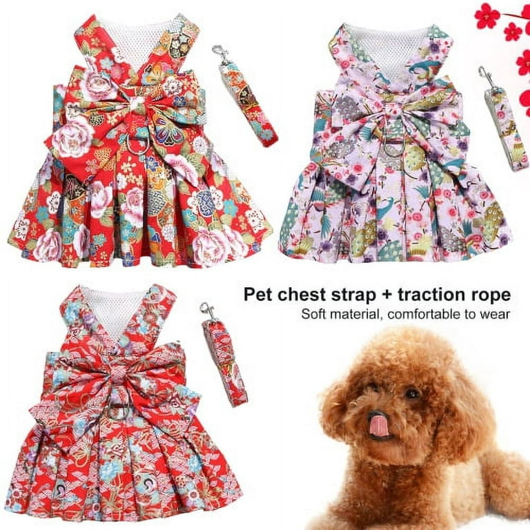 Visland Dog Cat Dress Harness Leash, Fashion Chinese Style Casual Cute  Flower Pattern Soft Cozy Pet Skirt Chest Strap Traction Rope Clothes  Costume