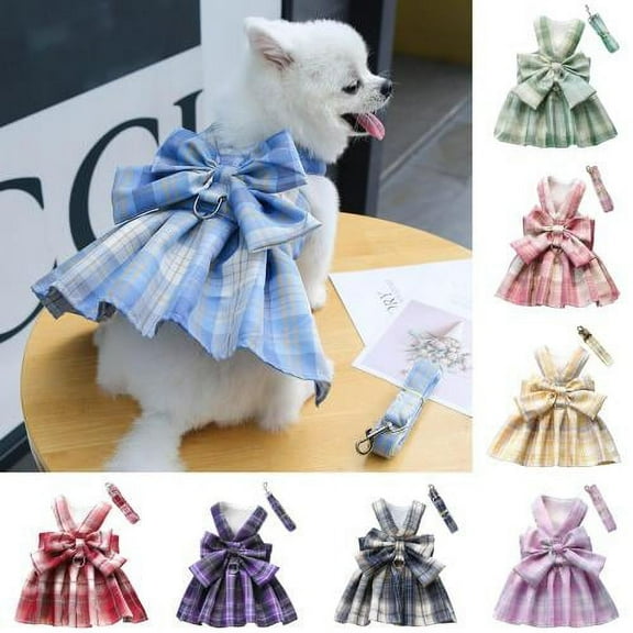 Visland Dog Cat Dress with Harness Leash, Fashion Plaid Pattern Cute Bowknot Decor Soft Cozy Skirt Adjustable Chest Strap Traction Rope Pet Clothes Costume for Puppy Kitten Training Daily Wear