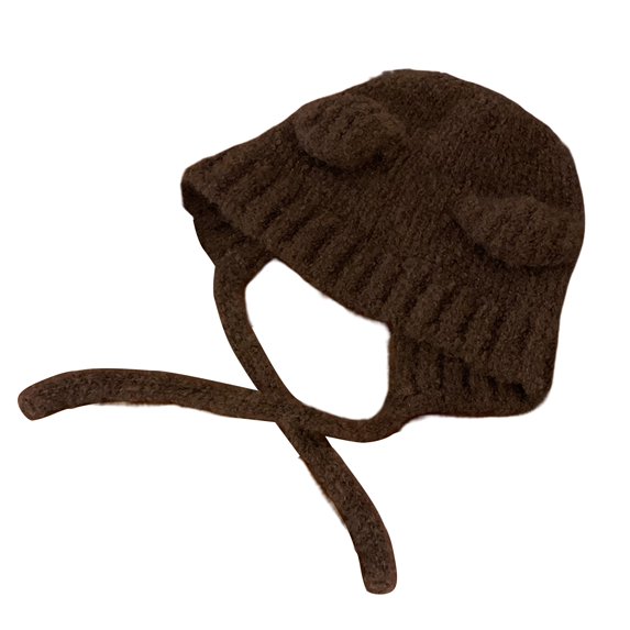Visland Ear Lace up Winter Hat Women Solid Color Bear Ear Decor Knitted Hat Daily Accessories