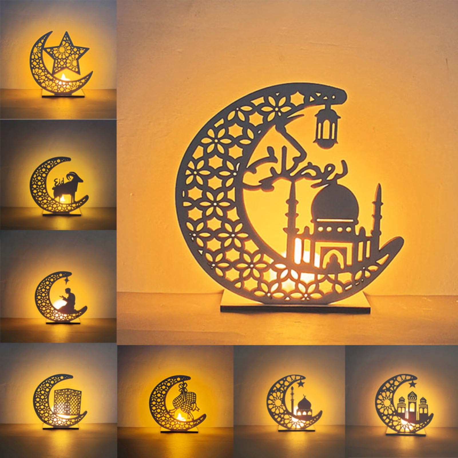 Visland Eid Crafts Night Light, Ramadan Light Handmade 3D Wooden Moon ...