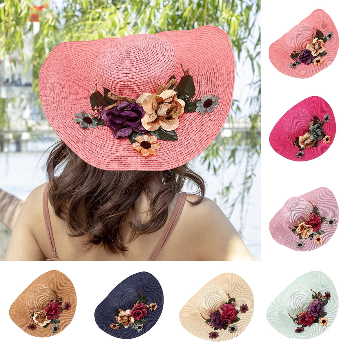 Visland Fashion Flower Lace Ribbon Wide Brim Caps Summer Beach Sun