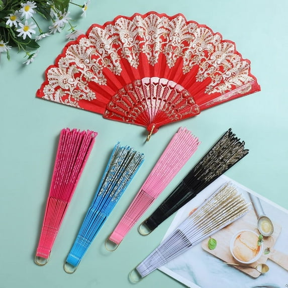 Visland Floral Folding Hand Fans Chinese Style Bamboo Folding Fan Vintage Pattern Hand Fan Handheld Fabric Folding Fan Women's Hollowed Bamboo Hand Holding Fan for Wedding Party