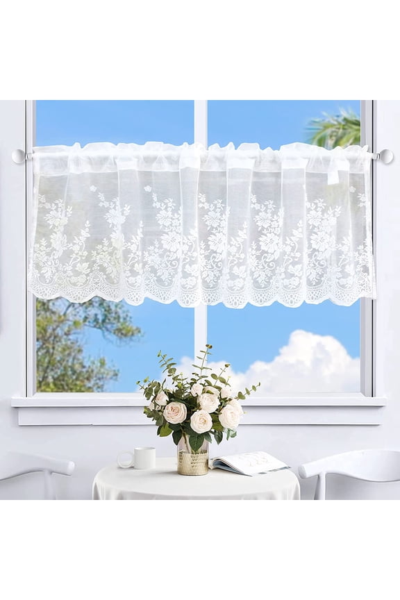 Flower Valances Pastoral Embroidery Lace Valance Semi Sheer Lace Cafe Short Curtains for Bedroom Kitchen Decor Elegant Christmas Flower Leaves Kitchen Curtain