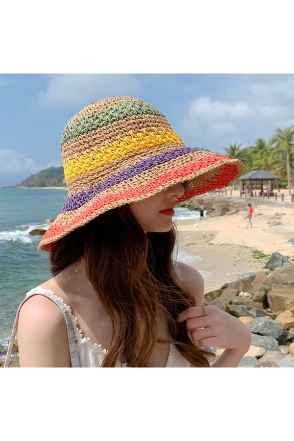 Foldable Wide Brim Colorful Crochet Straw Hat,Outdoor Sun Visor Hat UPF 50+ Summer for Women Girl