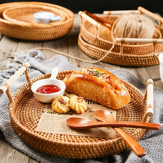 Visland Handmade Rattan Round Woven Basket, Round Serving Tray , Food Serving Baskets, Wicker Basket Storage Tray with Handle, Great To Display Bread Or Fruit