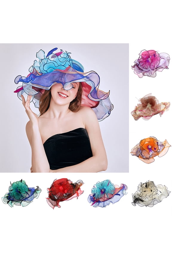 Hat Wide Brim Flounce Cocktail Tea Party Bridal Dress Church Hat Crystal Flowers Stage Show Cap