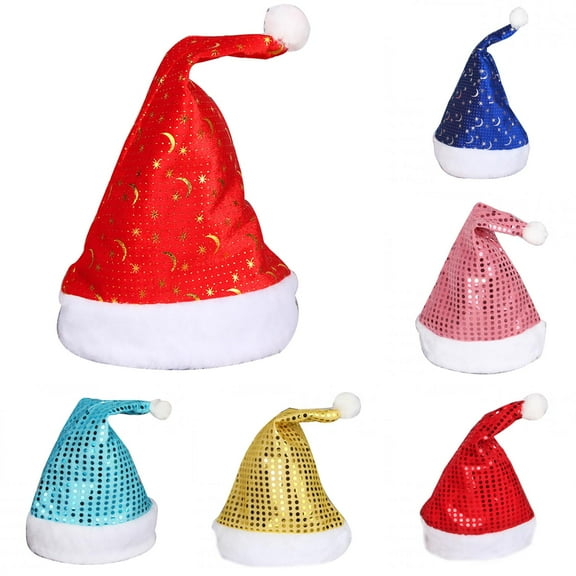 Visland Kid Adult Christmas Hat, Fashion Casual Soft Plush Shiny Sequin Star Moon Decor Xmas Santa Claus Beanie Cap Costume Accessory for Christmas Gift