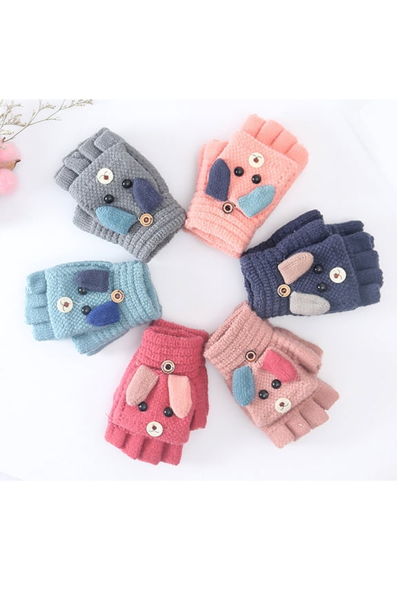 Kids Boys Girls Fingerless Gloves, Fashion Cute Cartoon Dog Pattern Design Soft Skin-friendly Knitted Flip Top Winter Hand Warm Children Half Finger Gloves Mittens 1Pair