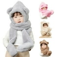 thumbnail image 1 of Visland Kids Hooded Scarf Glove 3 In 1, Fashion Casual Solid Color Cute Bear Ear Design Soft Cozy Plush Flannel Winter Head Ear Neck Hand Warm Scarf Hat Mitten for Boys Girls Outdoor Daily Wear, 1 of 5