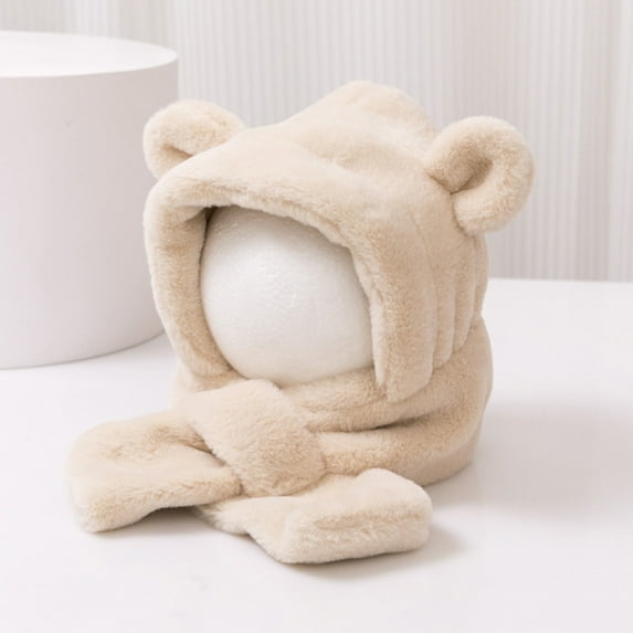 Visland Kids Winter Hat Scarf Plush Cross Thicken Solid Color One-Piece Thermal Ear Decor Cold-proof Baby Bonnet Scarf Infant Accessories