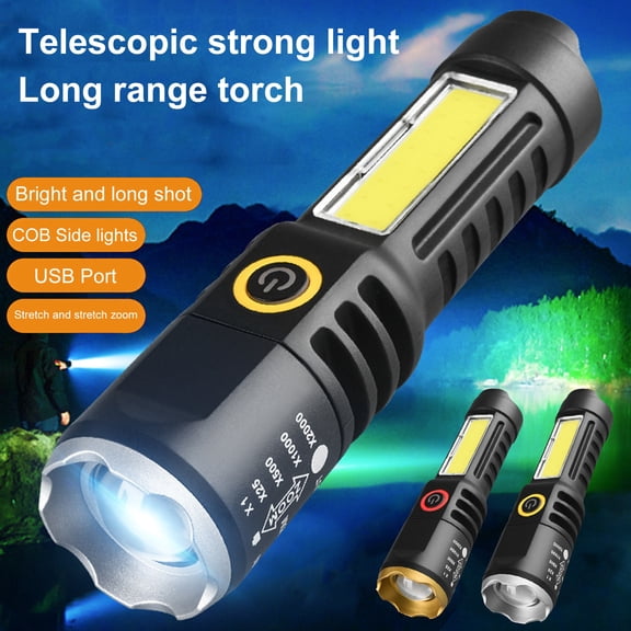 Visland LED Flashlight Ultra-Bright with COB Side Light Long Irradiation Distance Multiple Lighting Modes Outdoor Emergency Flashlight Telescopic Zoom Torch Camping Supplies