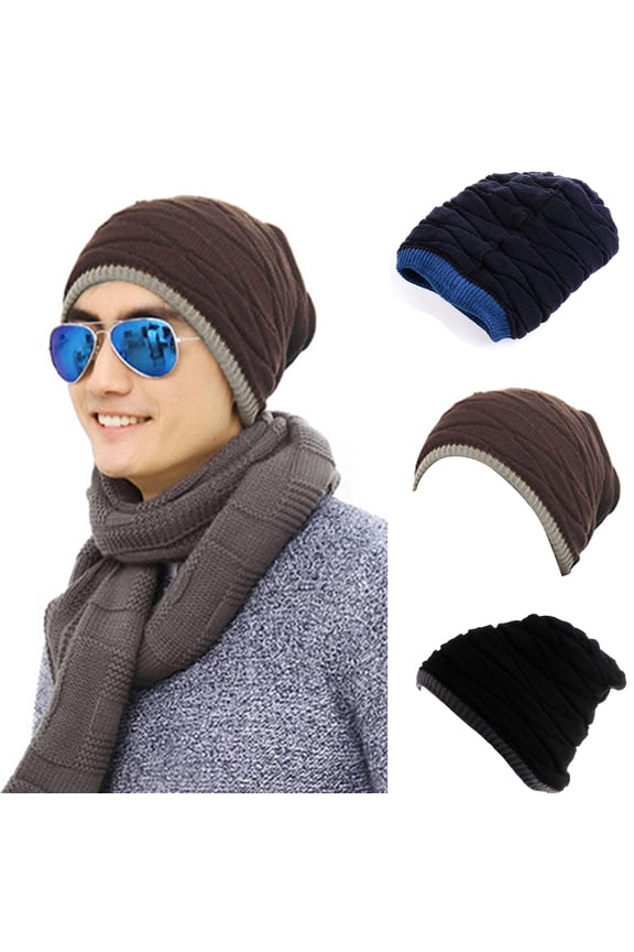 Men Winter Beanie Hat, Fashion Casual Soft Skin-friendly Stretch Double-layer Knitted Plush Winter Head Warm Skull Cap for Skiing Snowboarding Camping