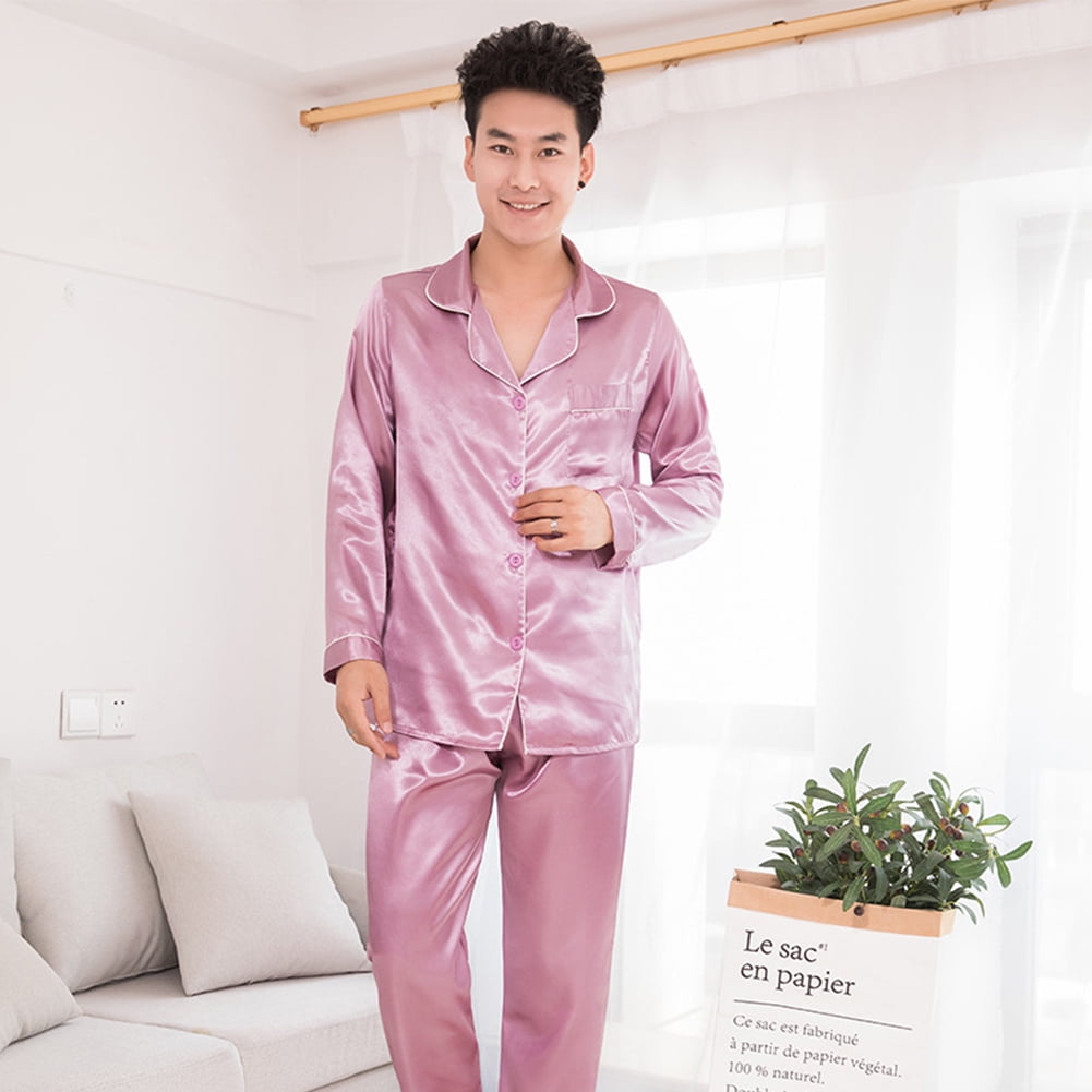 Visland Men's Satin Pajamas Set Long Sleeve Suit Button Solid Color ...