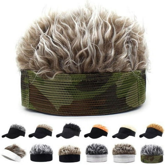 Visland Mens Novelty Fake Hair Visor Cap, Adjustable Sun Visor Hat with Wig Spiked Hairs with Spiked Hair Fashion Baseball Golf Cap for Men & Women