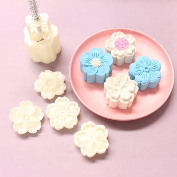 Visland Mid-Autumn Festival Hand-Pressure Mooncake Mold Cookie Stamps DIY Decoration Hand Cutter Cake Tool With 4 Pcs Flower Mode Pattern