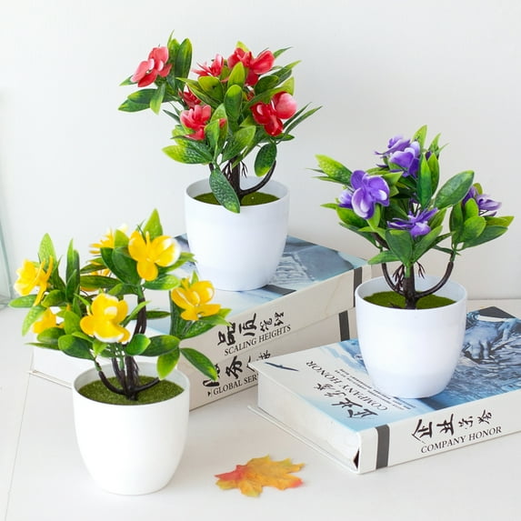 Visland Mini Artificial Potted Flowers, Fake Silk Flowers Plants in White Plastic Pots for Office Desktop Home Wedding Party Decoration 