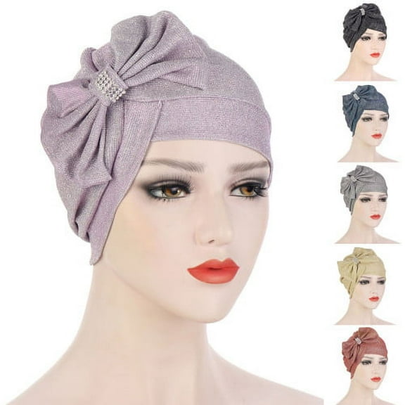 Visland Muslim Cap Solid Color Cross Shape Lady Bow-knot No Brim Indian Turban Hat for Spa