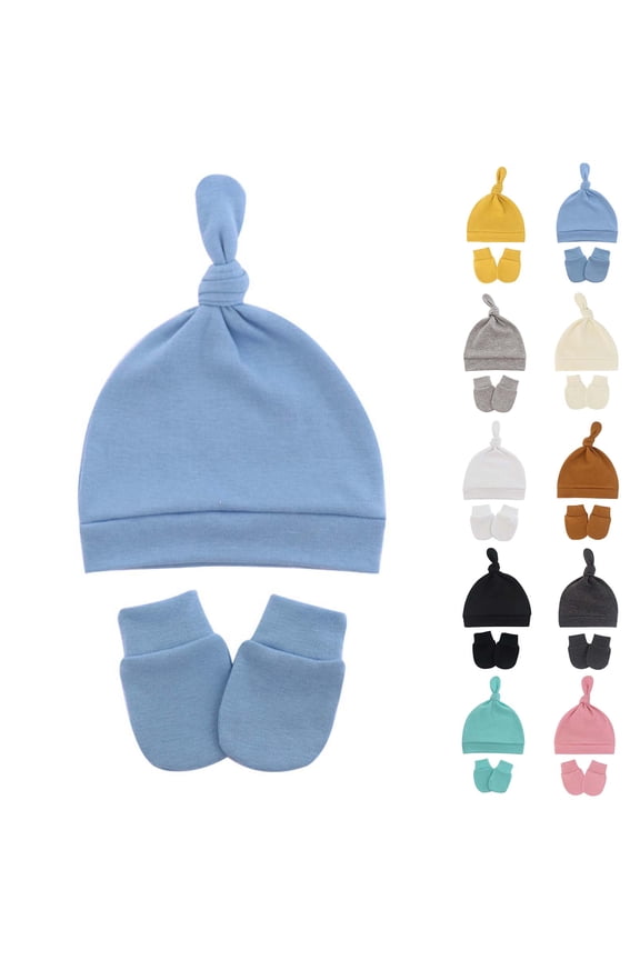Newborn Beanie Hat Gloves Set, Baby Girl Beanie Elastic Summer Hats for Newborn Infant Cotton