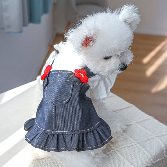 Visland Pet Denim Dress Comfortable Soft Stand-up Collar Flower Decor Ruffle Hem Pet Dog Cat Summer Dress Daily Wear