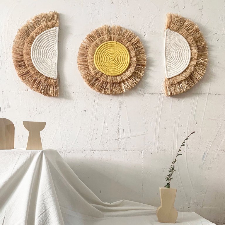 Raffia Grass Wall Hanging Boho Style Home Decor Round Natural