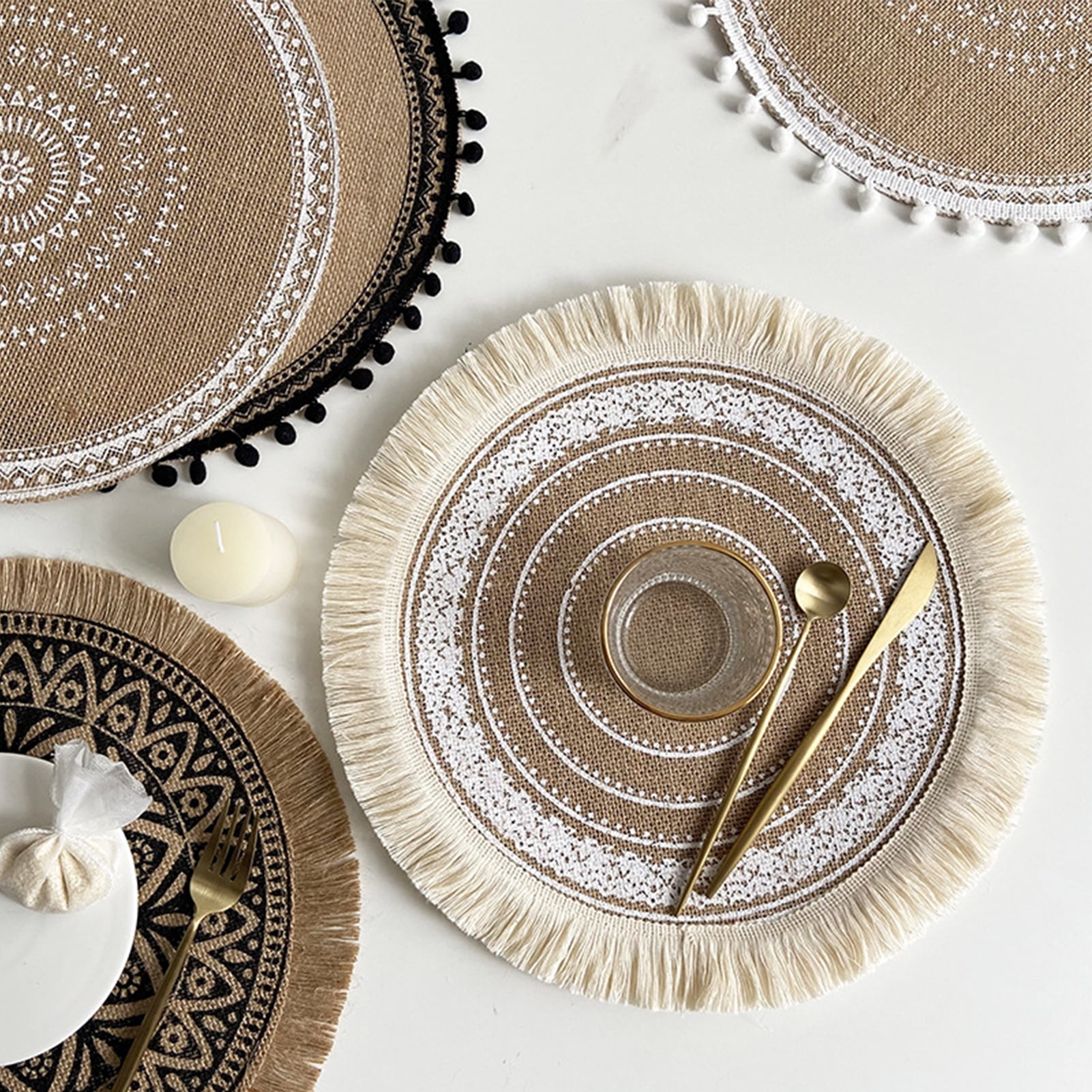 Visland Round Placemats,Boho Tassels Table Mats 15 Inch Cotton Woven