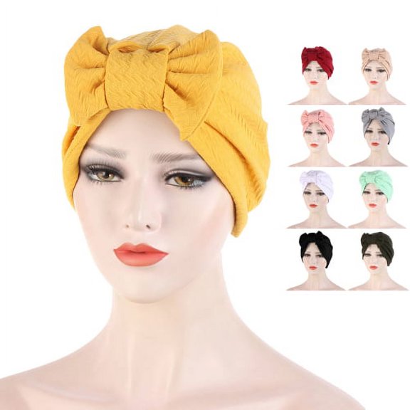 Visland Shirring Elastic Traditional Headscarf Cap Detachable Bow Solid Color Turban Hat Hair Accessories