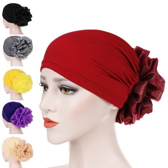 Visland Solid Color Elegant Headscarf Cap Milk Fiber Fabric Big Flower Stretchy Sleep Beanie Hair Accessories