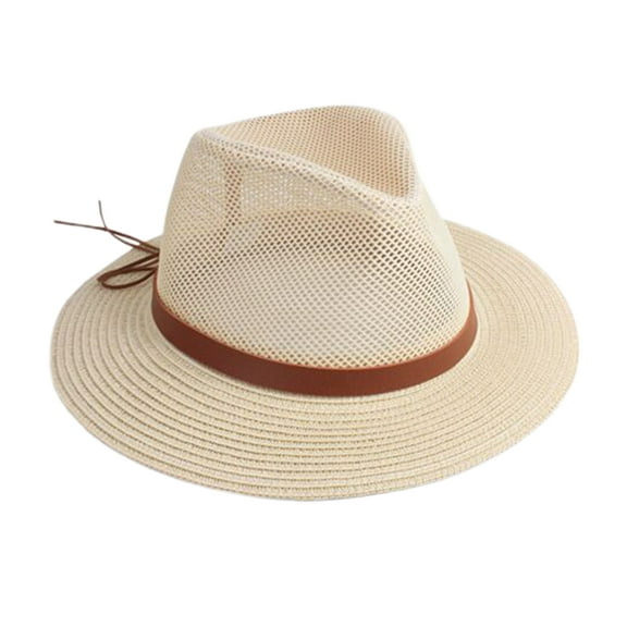 Visland Strap Decor Adjustable Drawstring Hollow Out Cowboy Hat Man Breathable Holes Straw Sunshade Hat Adult Headwear