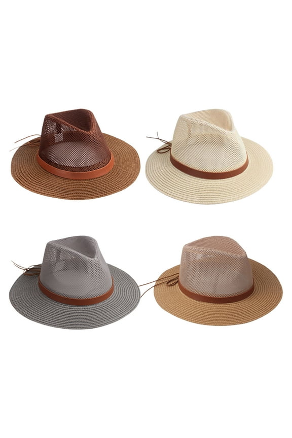 Strap Decor Adjustable Drawstring Hollow Out Cowboy Hat Man Breathable Holes Straw Sunshade Hat Adult Headwear